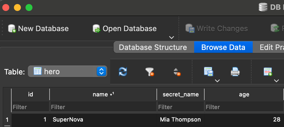 Database screenshot showing AI-generated hero records stored in SQLite database